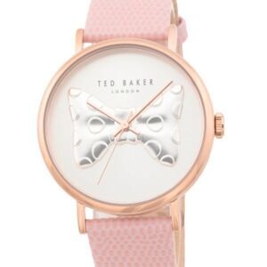 Ted Baker Phylipa Pink Silver Rose Gold Iconic Bow Leather Strap Quartz Watch